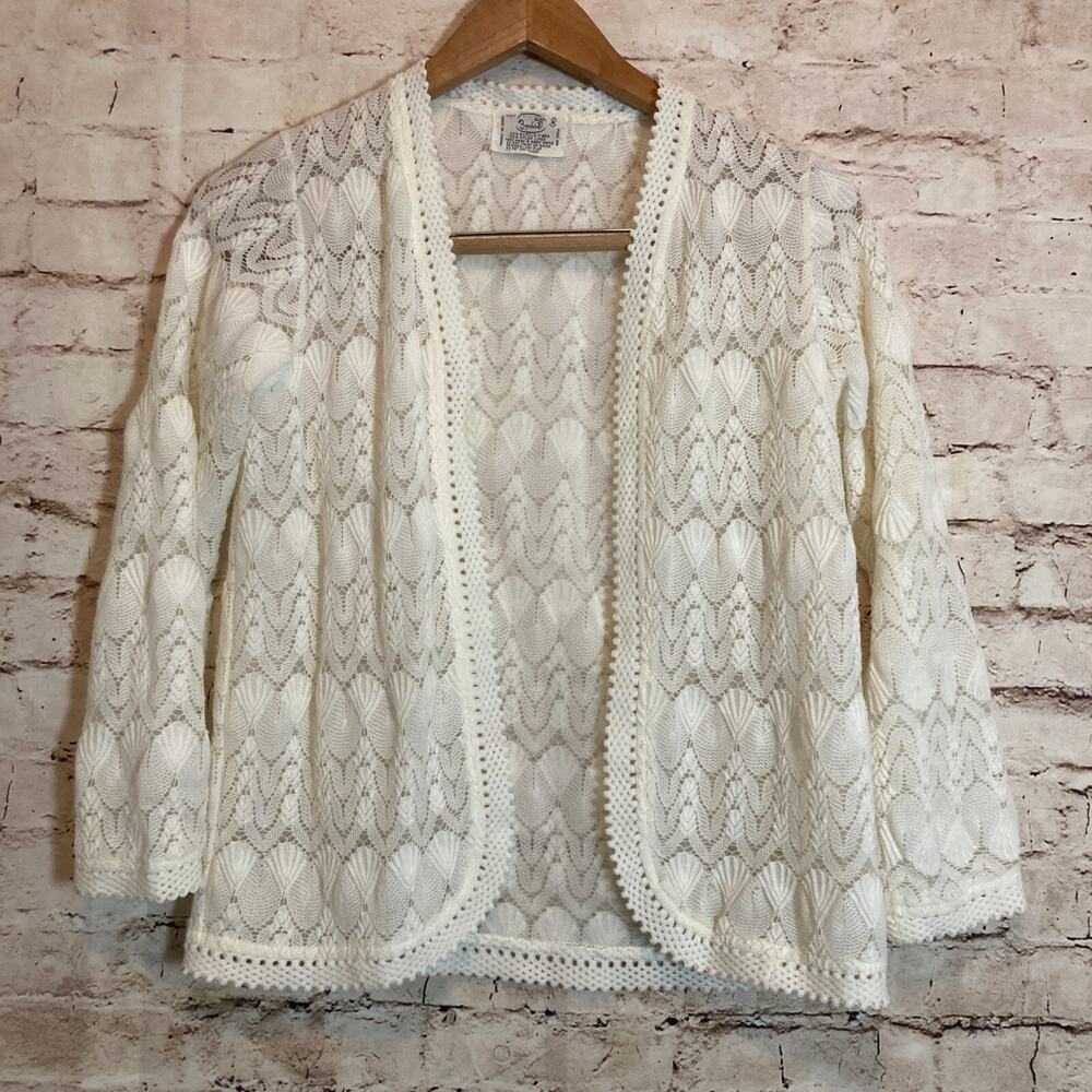 Vintage Lady Bonaire Sweater Womens Medium White Open Front Cardigan Coquette